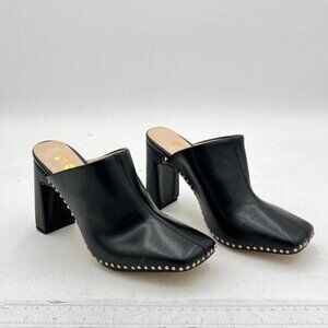 FSJ Women Closed Squared Toe Mules Slip On Chunky Mid High Heels Backless Sandal